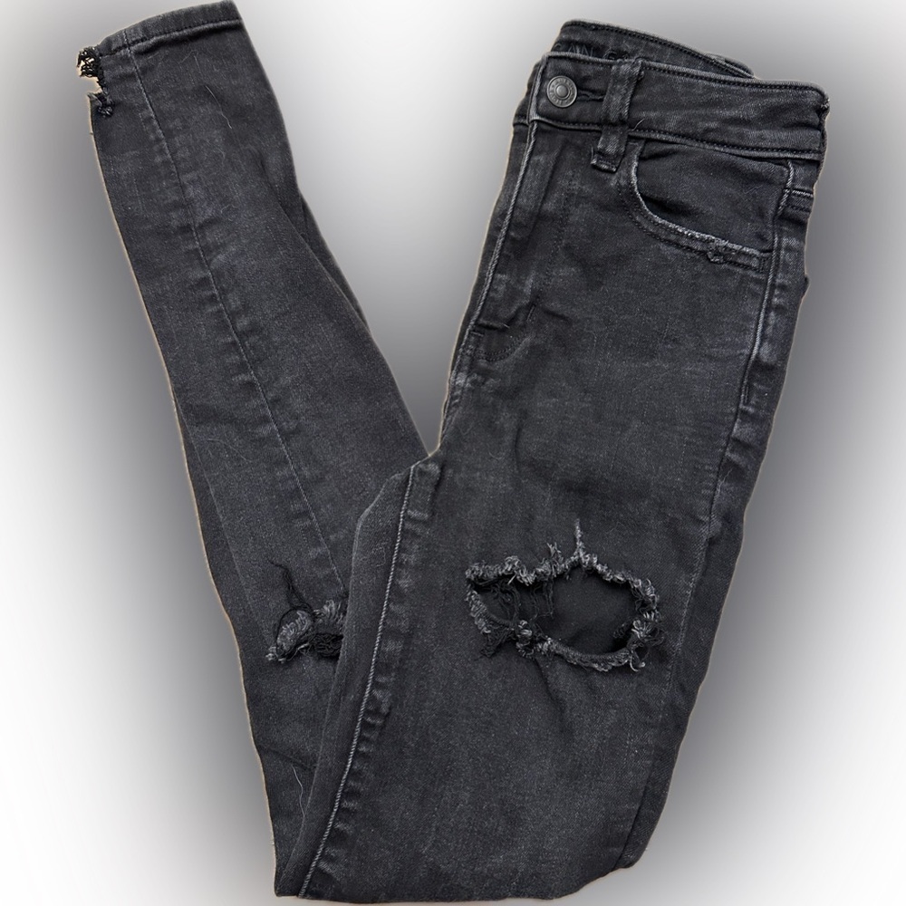 American Eagle Stretch Distressed Black Stretch Skinny Jeans Size 00